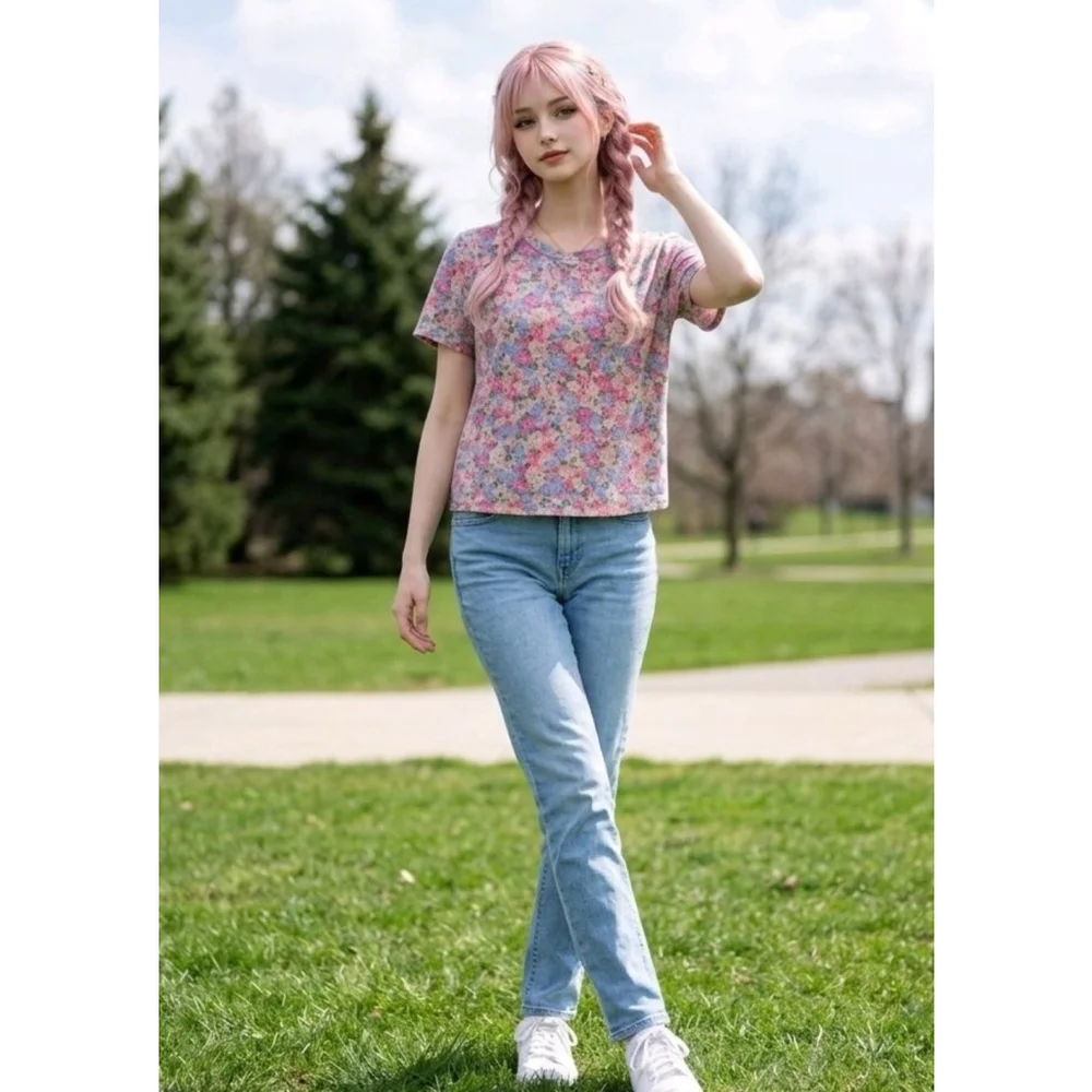 Women's Oversized Floral Print Fairy Cottagecore Short Sleeve Tee S Pink Blue